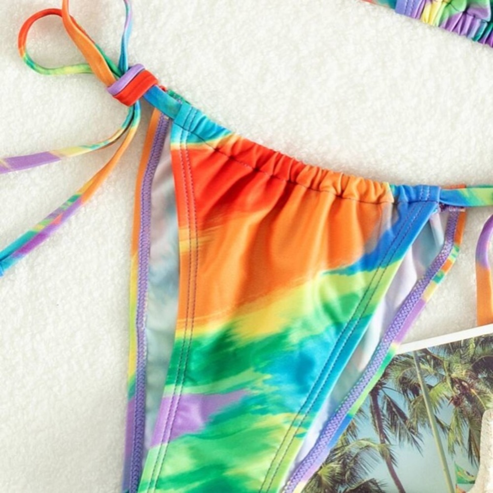 Multicolor Blue Yellow Halter Lined Brazilian Bikini New - Picture 5 of 13